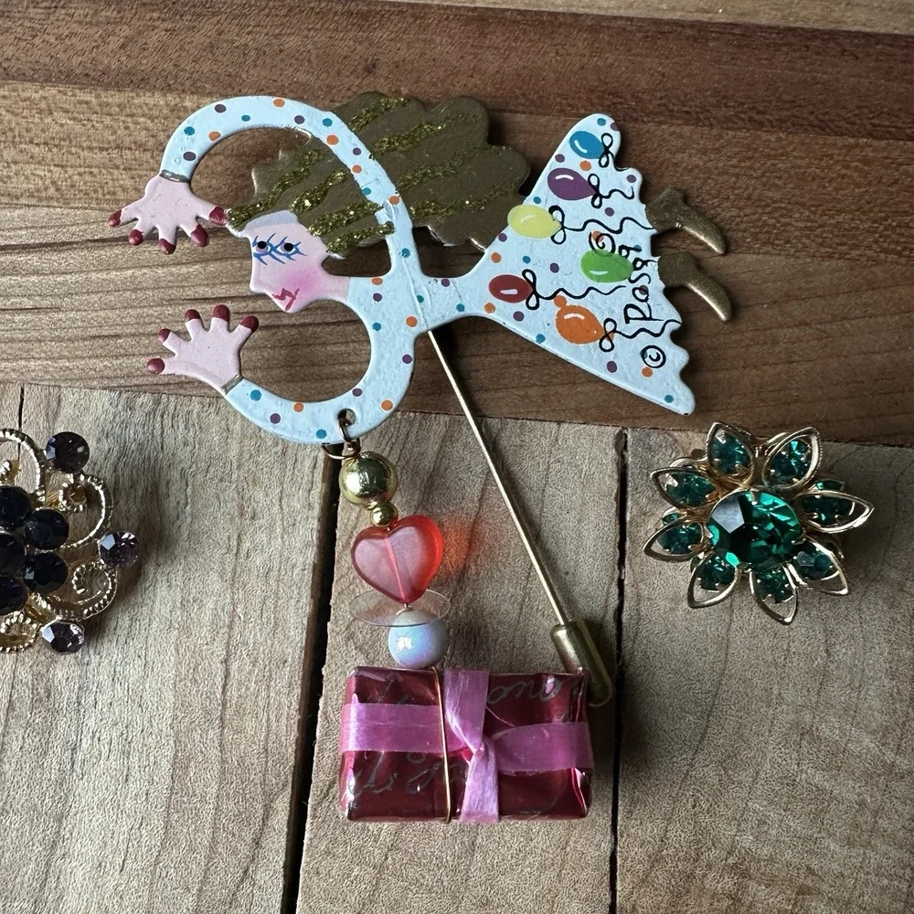 Karen Rossi Silvestri Fanciful Flights Birthday Girl Stick Pin w 2 Flower Brooch